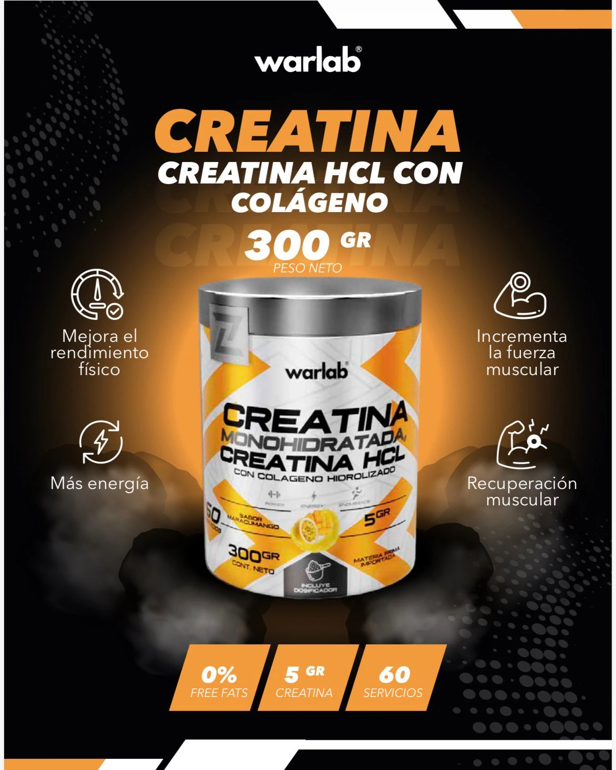 CREATINA HCL Y MONOHIDRATADA WAR LAB SABOR MARACUMANGO