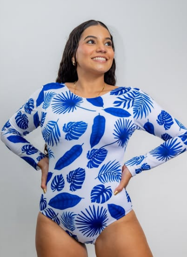 Enterizo Manga Larga Hojas Azules Fondo Blanco