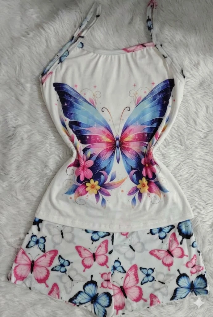 DAMA SHORT BLUSA TIRA MARIPOSA AZUL Y FUCSIA