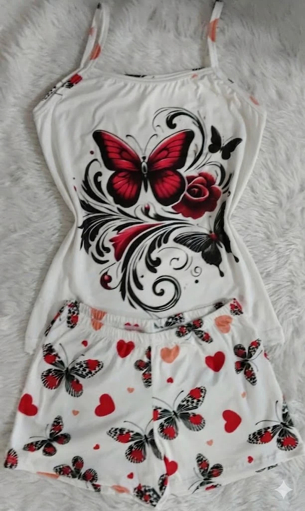 DAMA SHORT BLUSA MARIPOSA BLANCA Y ROJA
