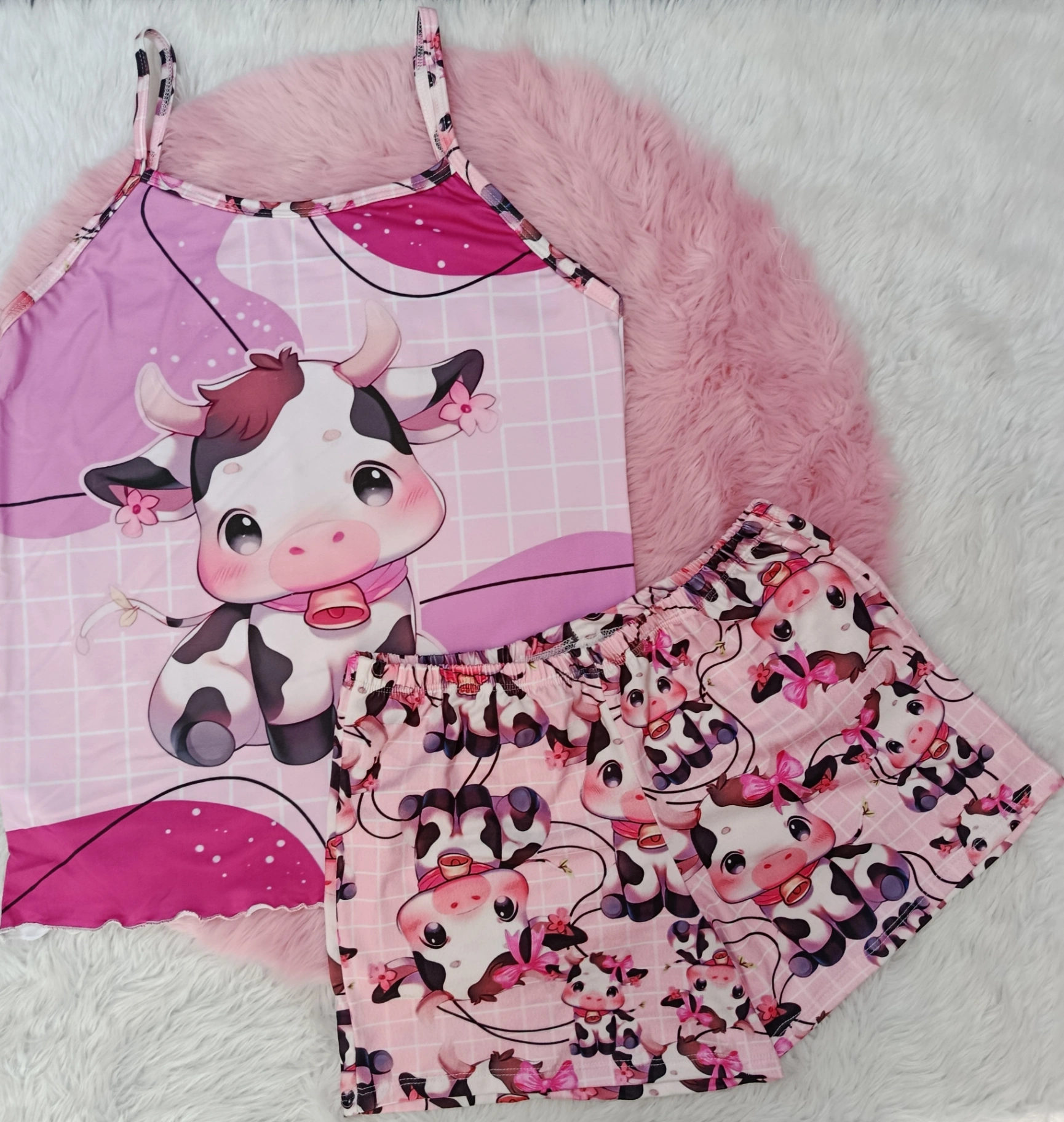 PIJAMA TIRA Y SHORT DAMA VACA - FONDO ROSADO