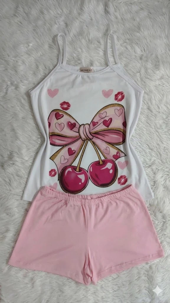 PIJAMA ECONOMICA ROSADO MOÑO CON CEREZA