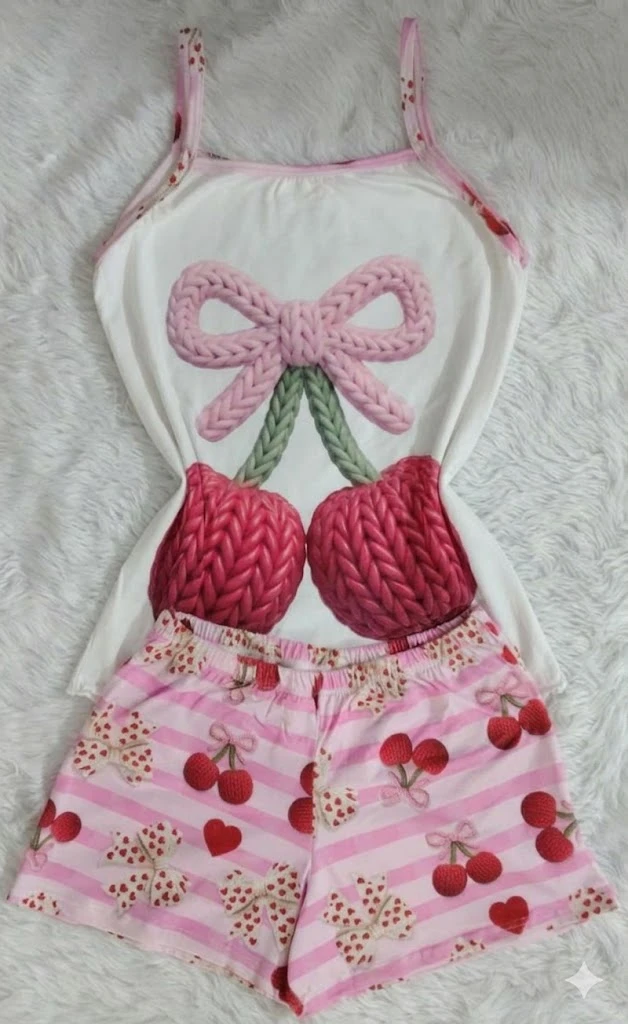 DAMA SHORT BLUSA TIRA MOÑO CEREZA TEJIDO