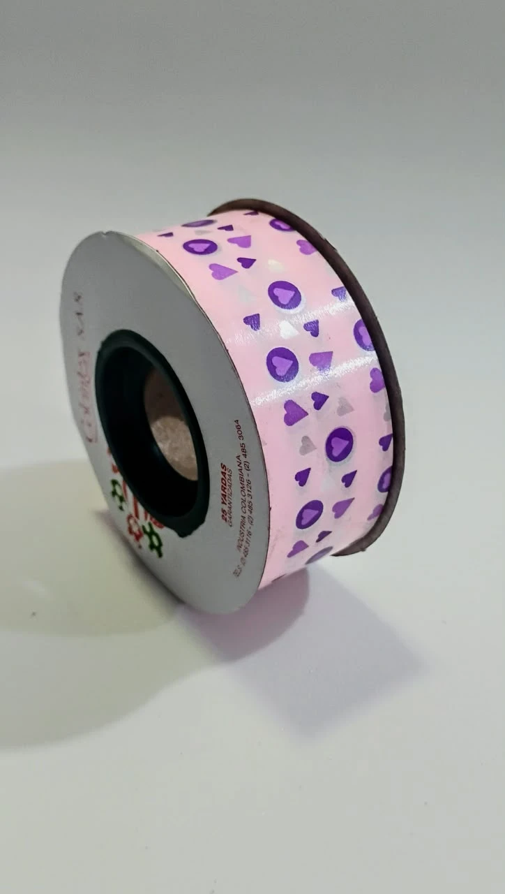 CE9X25|20 CINTA ESTAMPADA ROSADA CORAZONES MORADOS