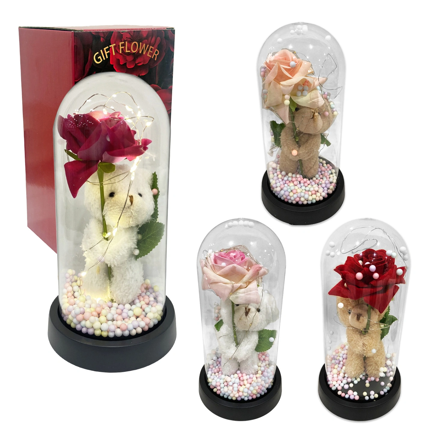CS-14005 ROSA ARTIFICIAL CON OSO Y LUZ ENCAPSULADA