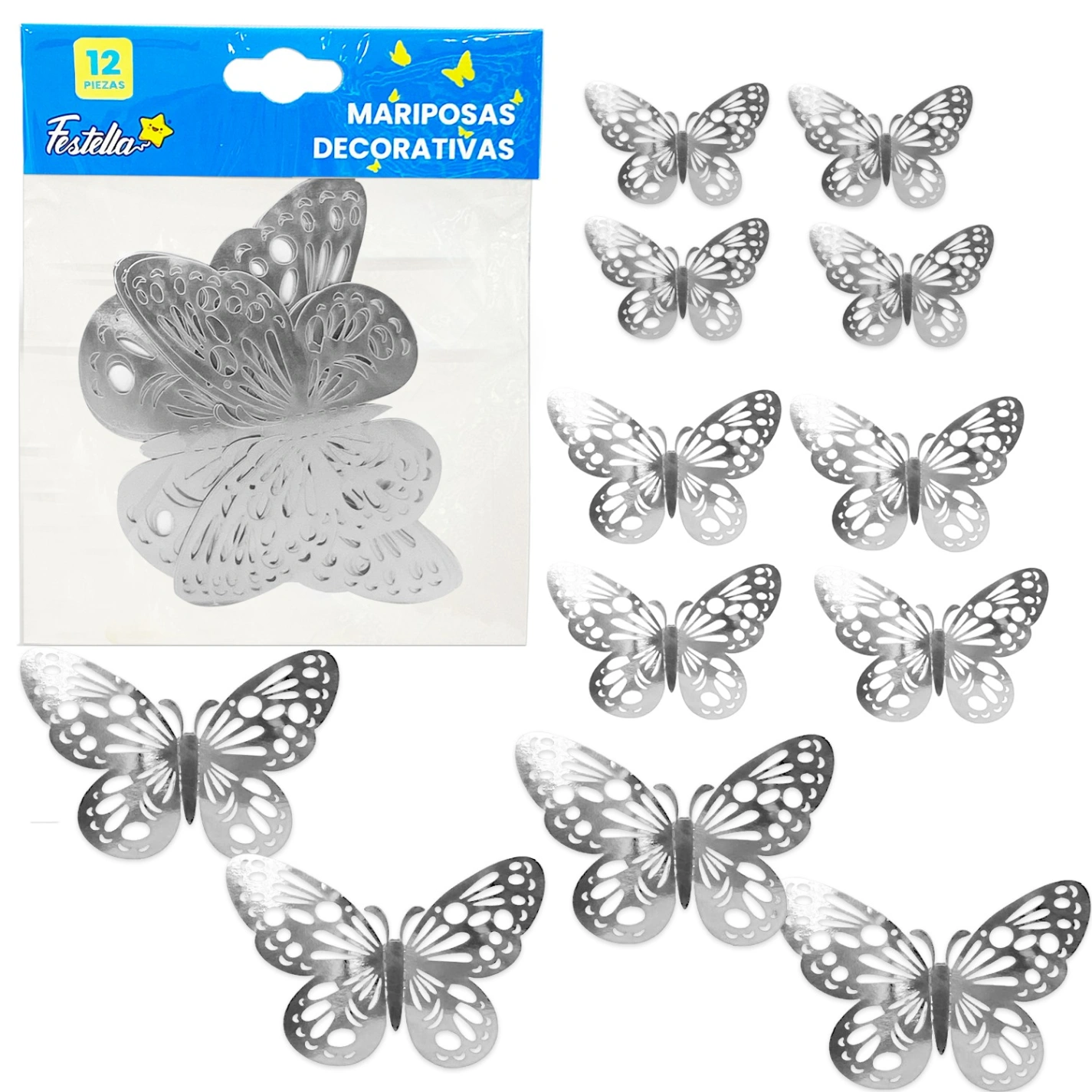 CS-10299-5P MARIPOSA DECORATIVA PLATEADA X 12