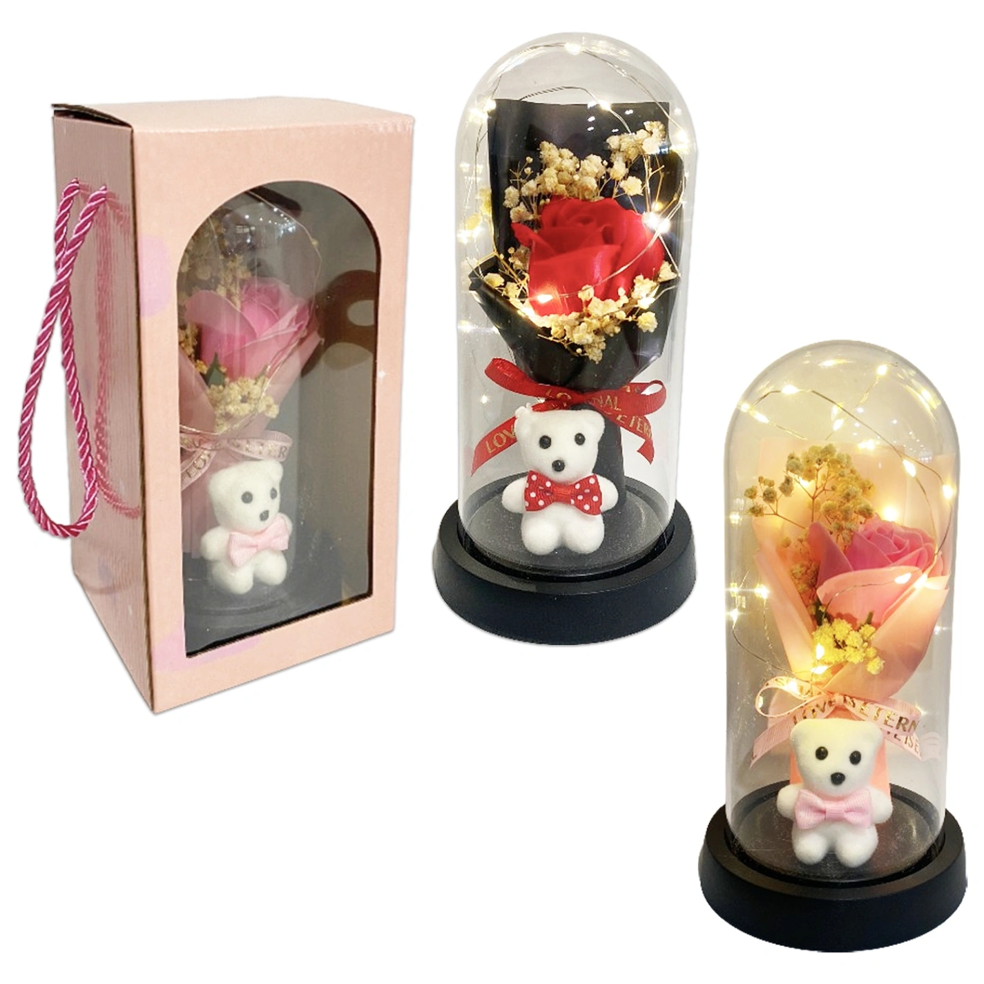 H-11913 Rosa Encapsulada con Oso y Luz