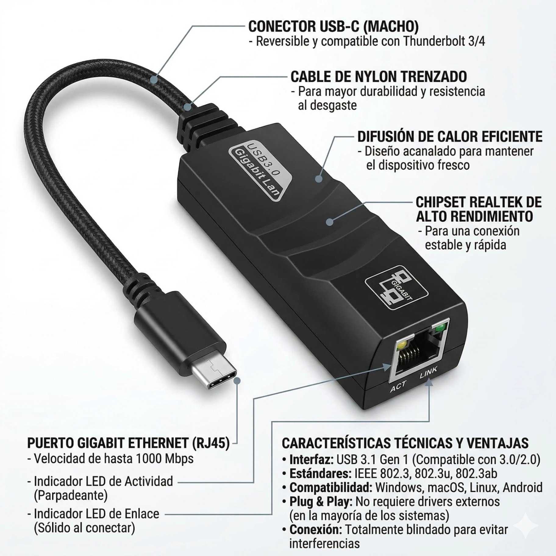 ADATADOR DE TIPO C RED LAN DE 3.0