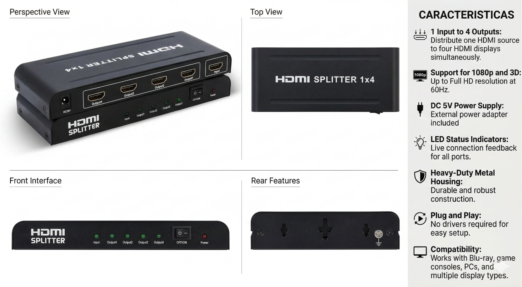 SPLITTER HDMI 1 POR 4 ADATADOR DE PANTALLA