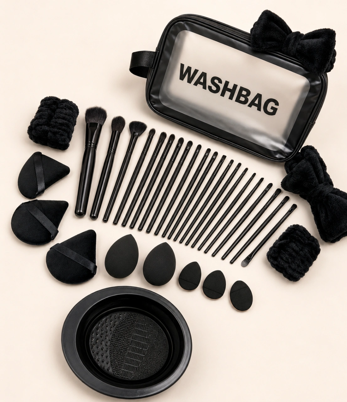 Kit de Brochas Negras + Accesorios Washbag