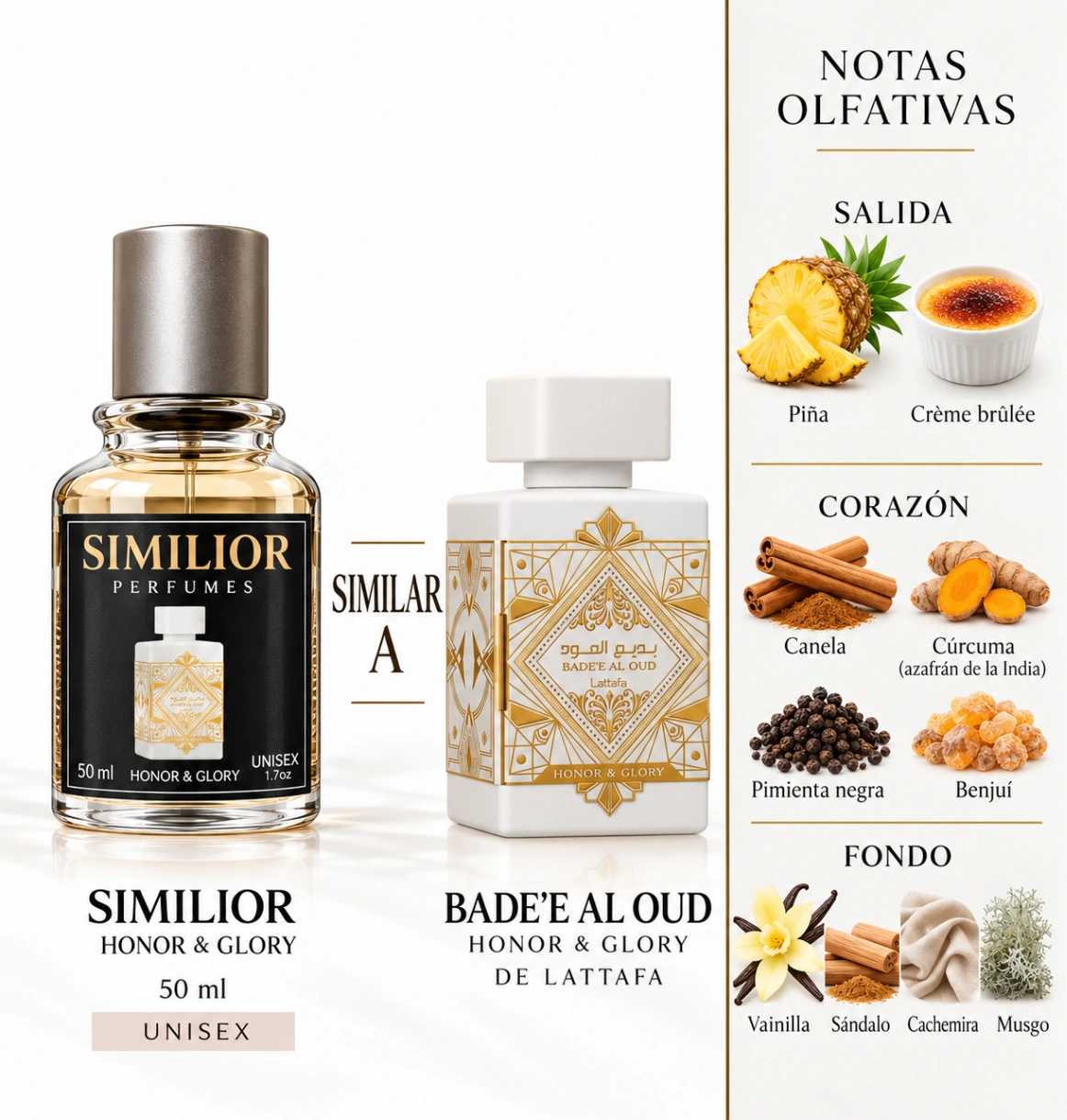 Perfumes Bade'e Al Oud Honor & Glory Lattafa para mujeres y hombres.