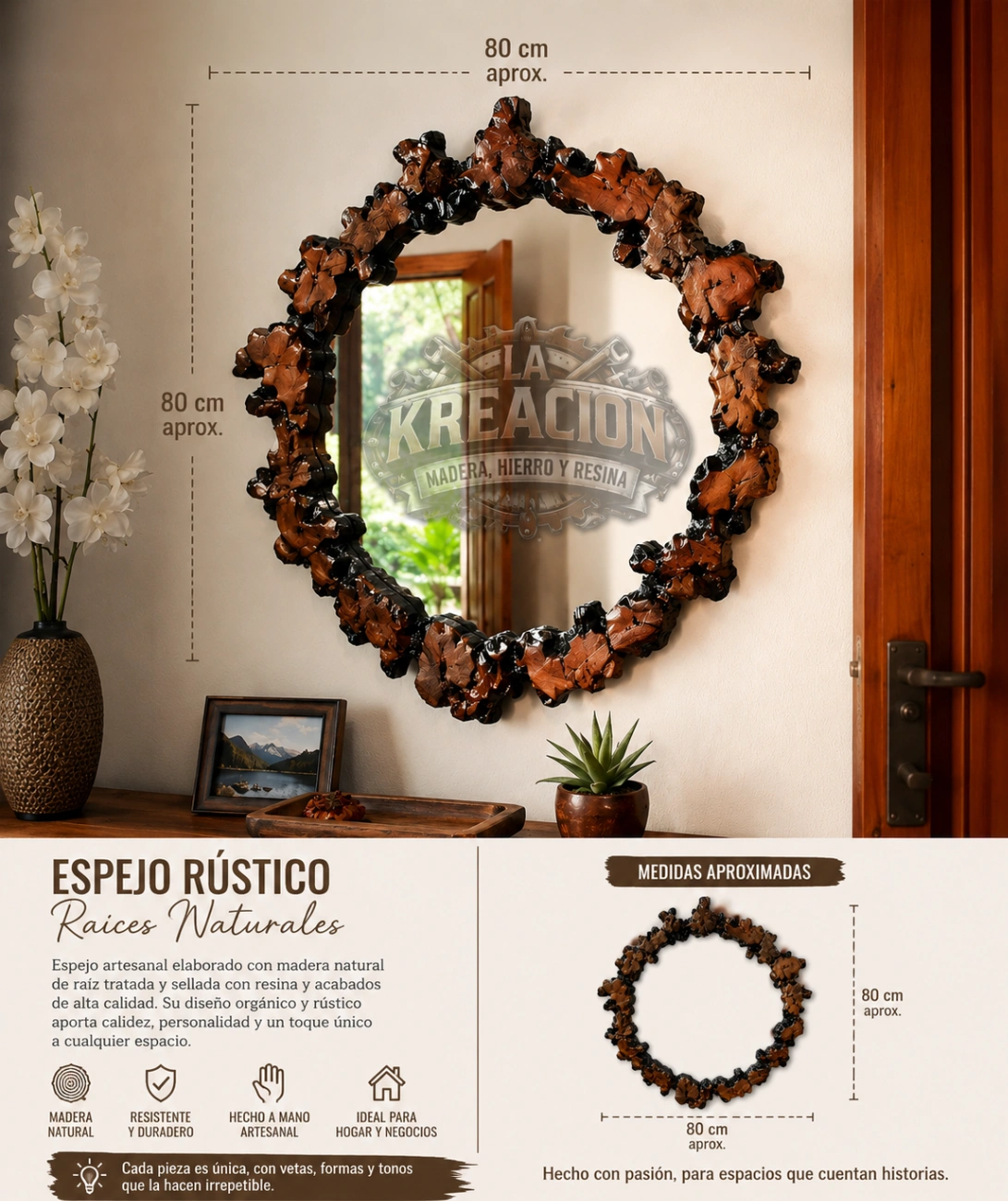 ESPEJO RÚSTICO ARTESANAL – "Raíces Naturales"