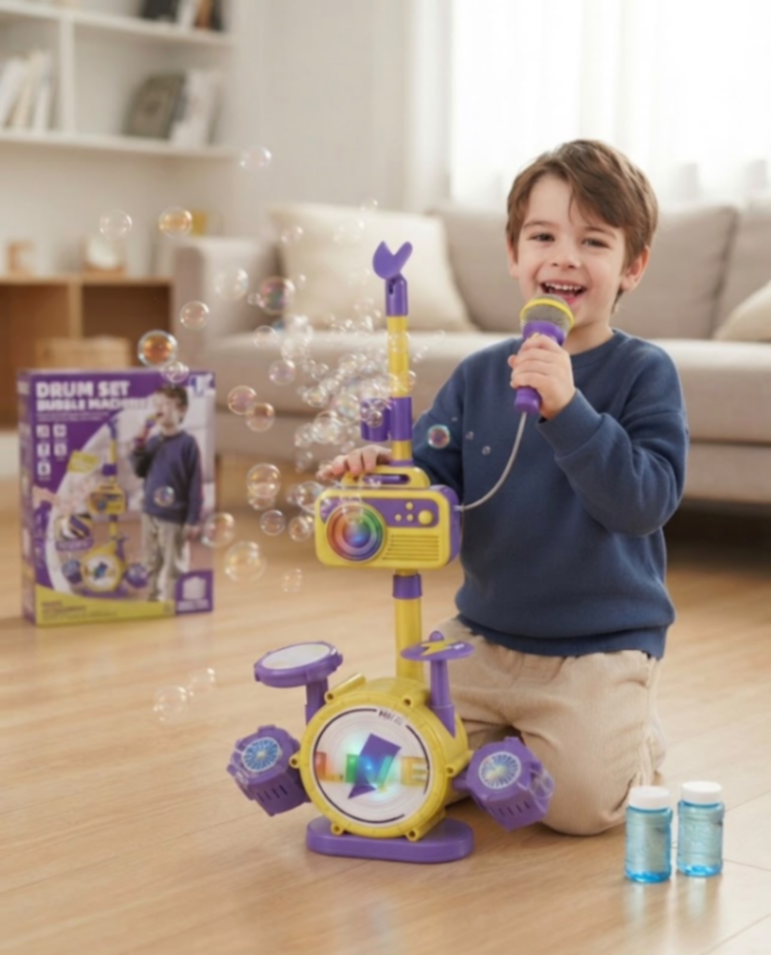 Juguete Musical 3 en 1: Batería, Micrófono y Máquina de Burbujas