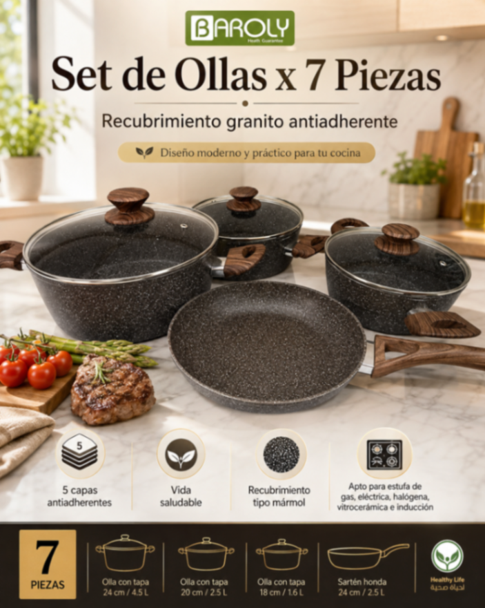 Set de Ollas Antiadherentes Granito – 7 Piezas