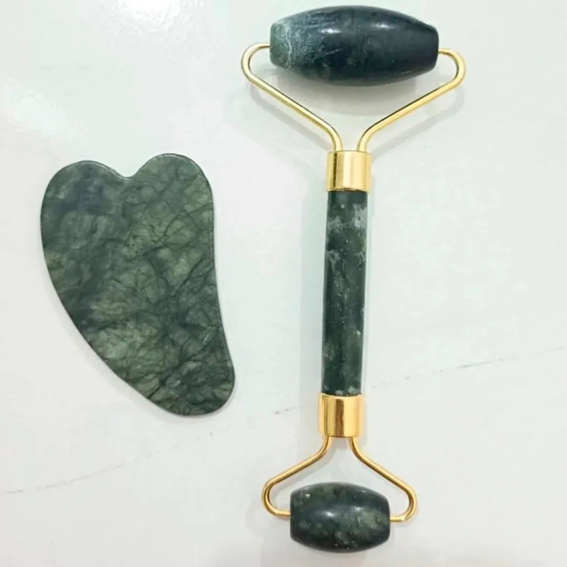 MASAJEADOR FACIAL - RODILLO DE JADE Y PIEDRA GUA SHA